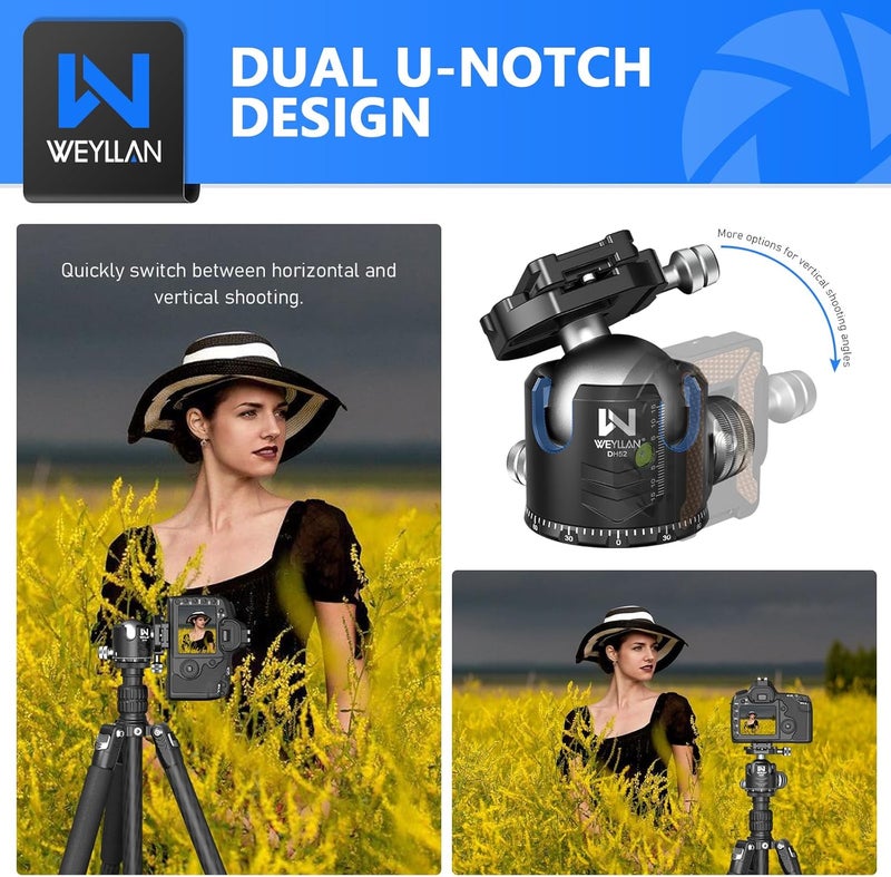 WEYLLAN Low Profile Ball Head 52mm Tripod Head DH52 Camera Head Mount, CNC Heavy Duty Ball Head with Two 1/4" Quick Release Plates, Panoramic Ballhead for Tripod, Monopod, DSLR, Max Load 66lbs /30kg - Image 4